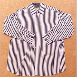 Tommy Bahama Mens Dress Shirt Navy and White Strip Size 17, 32-33